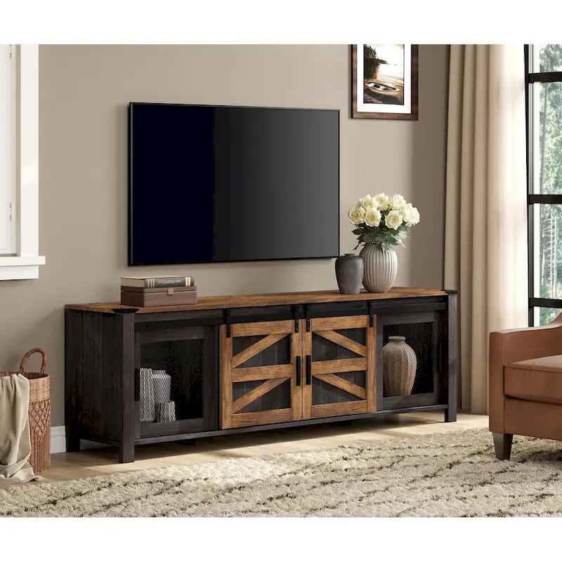 TV Stand 70 Sliding Barn Door Entertainment Center Rustic 2 Doors Adjustable Shelf 154 LBS