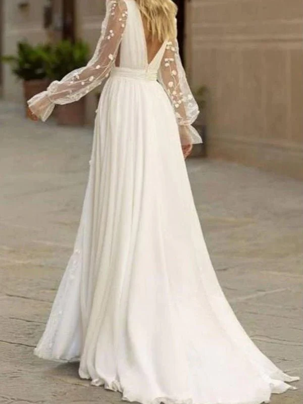 Long Sleeve Boho Flowy Wedding Dress Lace A-Line V-Neck Beach Gown with Split Front and Sweep Train