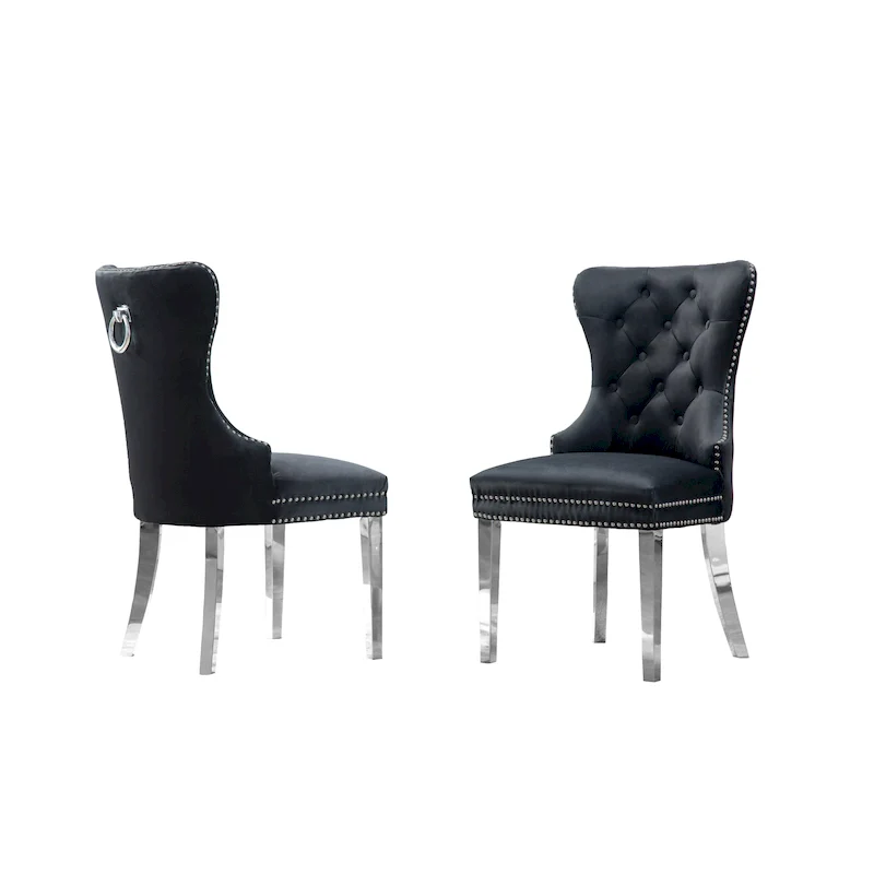 Wingback Button-Tufted Dining Chairs with Nailhead Trim & Steel Frame – Black / Grey / Cream / Navy Blue / White Faux Leather