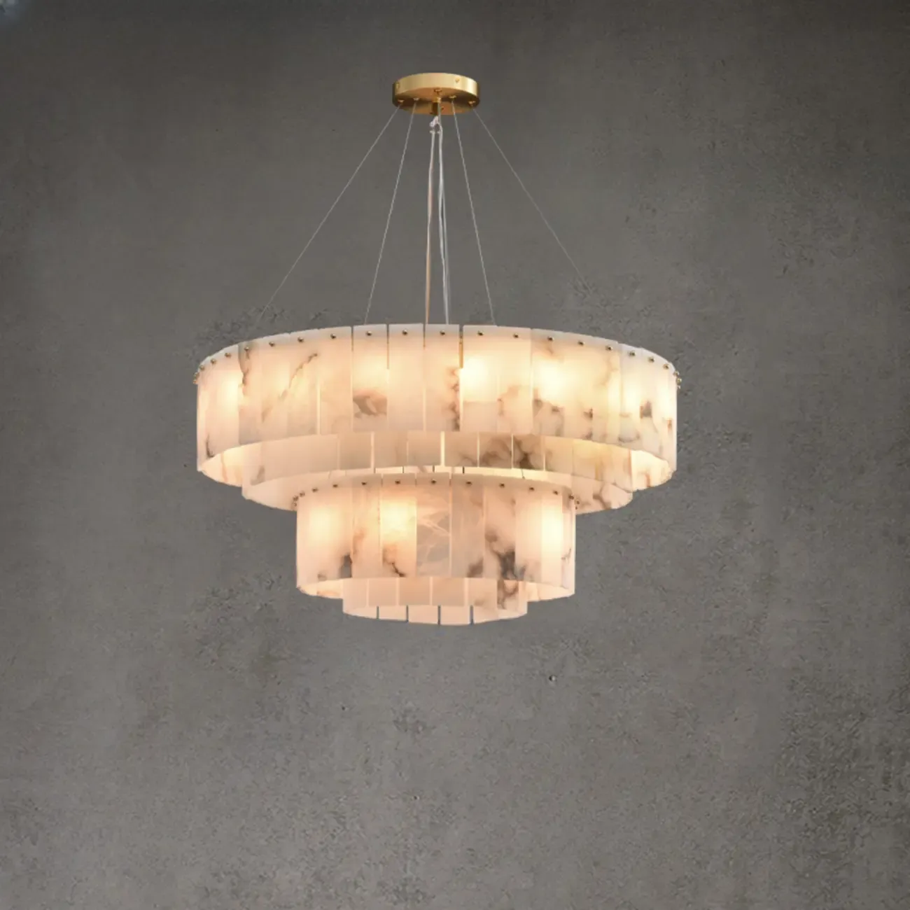 2-Tiers White Metal Circle Alabaster Drum Chandelier