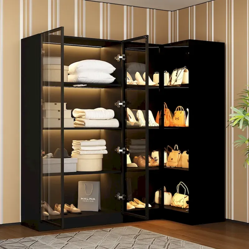 Black Glass Door Wardrobe Set with Lighting Strips, Storage Cabinet