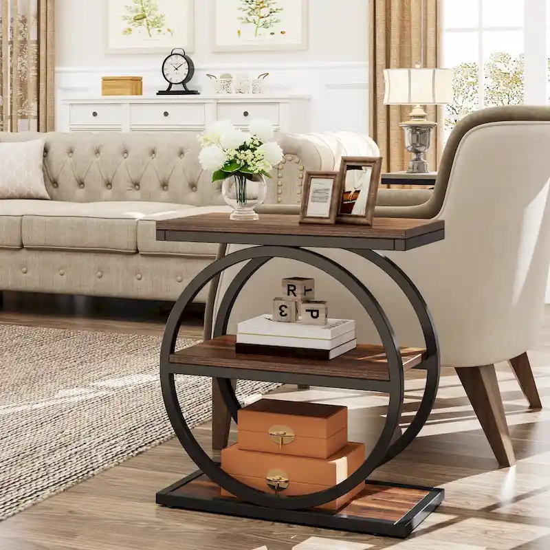 Industrial 3-Shelf Narrow End Table – Brown / Grey / Oak / Yellow