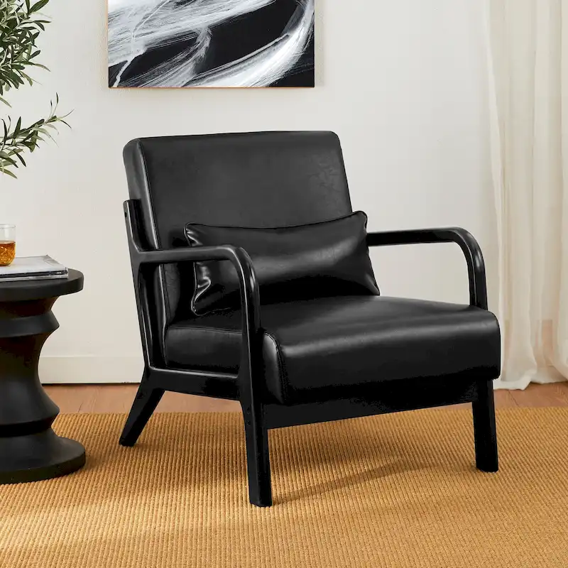Glitzhome 30.75H Mid-Century Modern PU Leather Armchair Accent Chair with Pillow - 25.75W x 33.75D x 30.75H