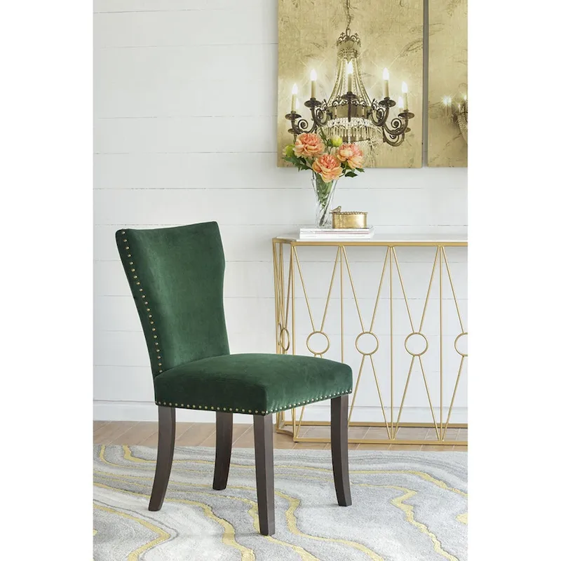 Velvet Armless Nail Head Wooden Dining Chairs 37 Green and Brown 2Ct
