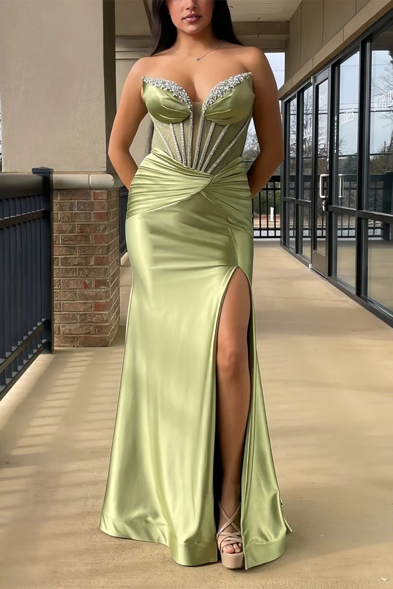 Sage Strapless Mermaid Satin Beaded Long Prom Dresses With Slit
