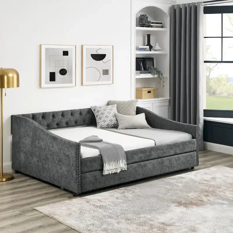 Upholstered Daybed Frame with Trundle & Tufted Backrest