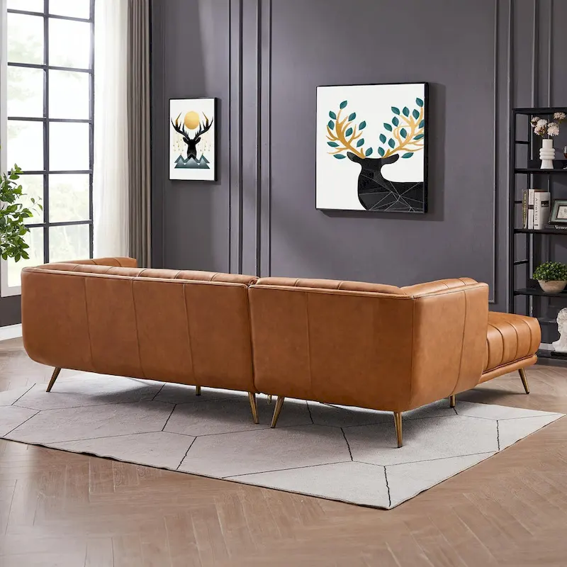 Cognac Tan Chesterfield Genuine Leather Sectional Sofa - Mid-Century Modern