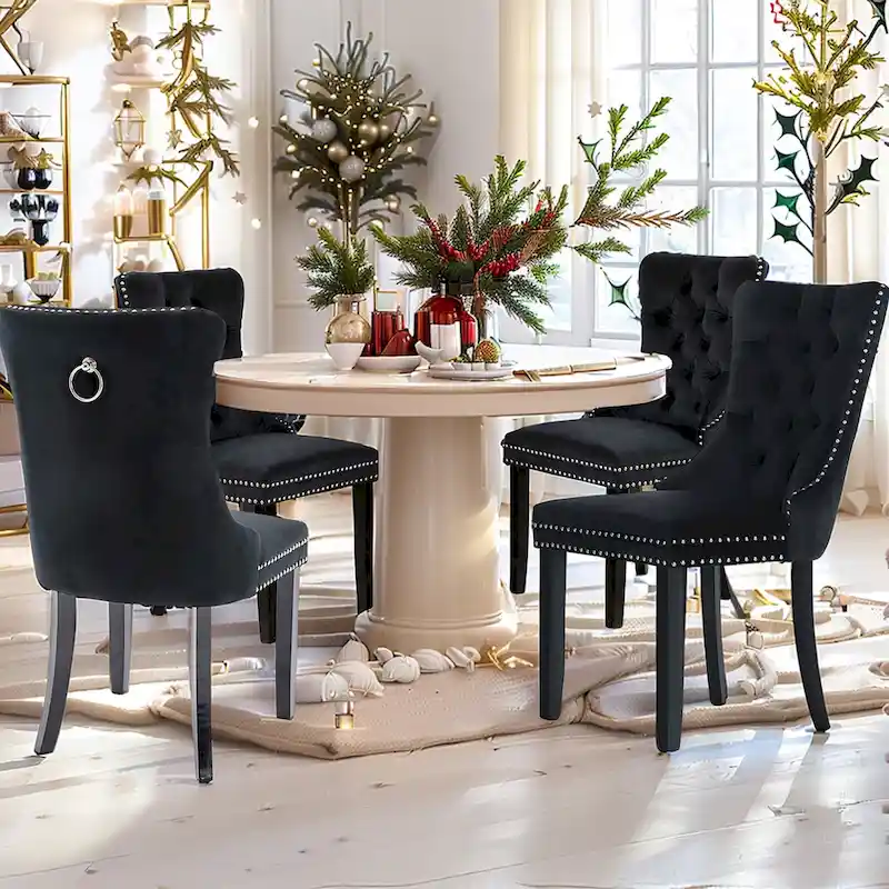 Upholstered Velvet Dining Chairs with Padded Seat Back and Solid Wood Legs (Set of 4)