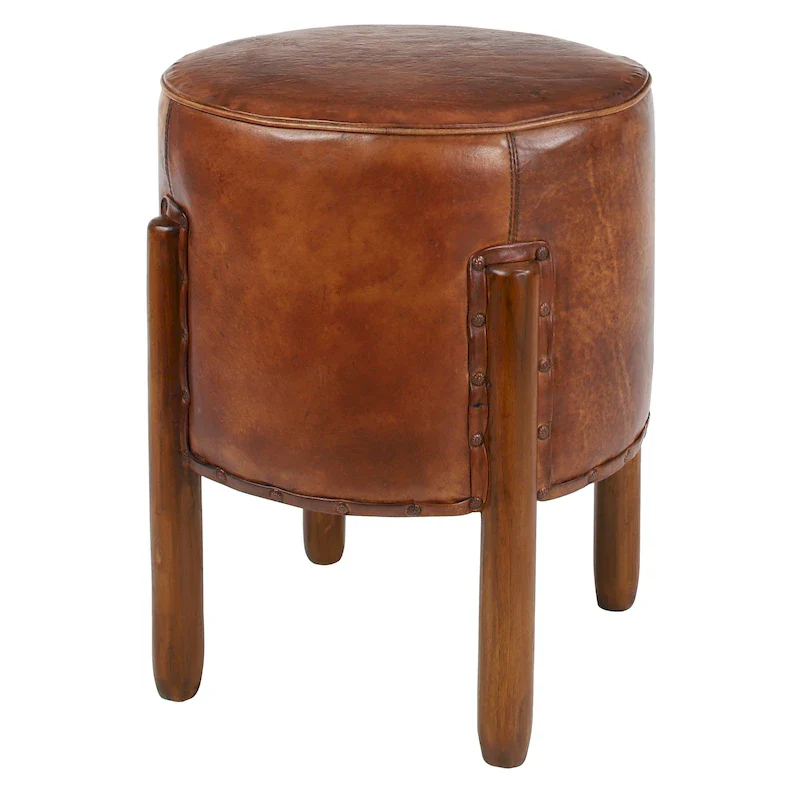 Handmade Teak Wood Upholstered Leather Stool with Wood Legs – Brown