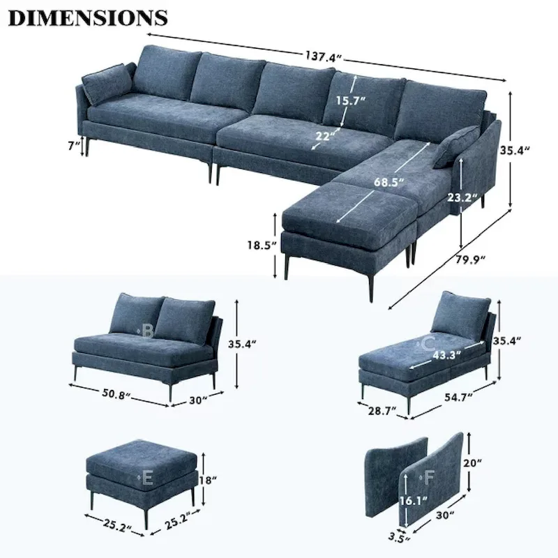 U-Shaped 6-Seat Sectional Sofa, Reversible Sleeper in Modern Chenille Design, with Chaise Lounge and Ottoman