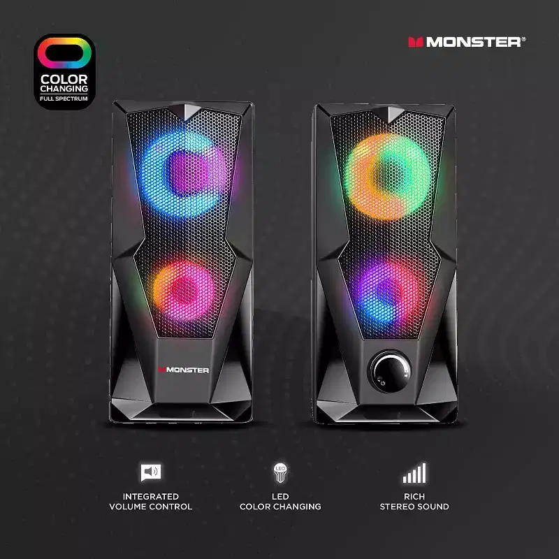 Monster Premium USB-Powered Stereo Speaker Set with Multi-Color LED Lighting Effects for Gaming and Multimedia