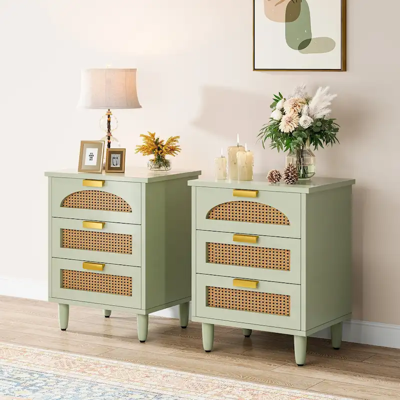 20-Inch Night Stand, 3-Drawer Wood Bedside Table Storage Cabinet for Bedroom, Green