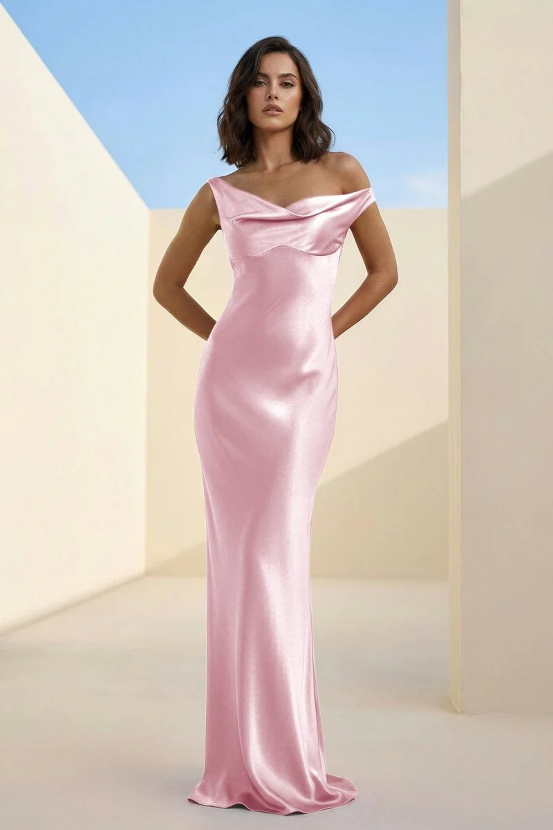 Fuchsia - One Shoulder Sheath Satin Long Prom Dresses