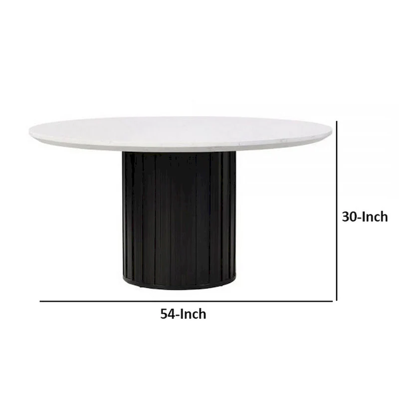 Jerry 54 Inch Dining Table, Round Faux Marble Top, Black Pedestal Base