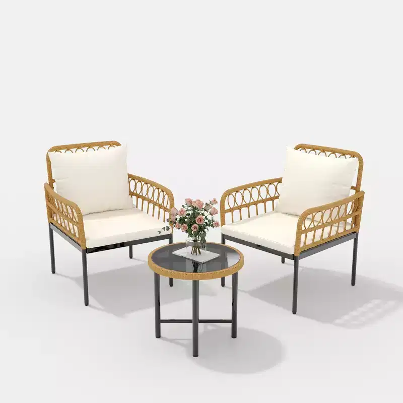 3-Piece Outdoor Bistro Set, PE Rattan Patio Furniture with Tempered Glass Table & 2 Chairs - Boho Style