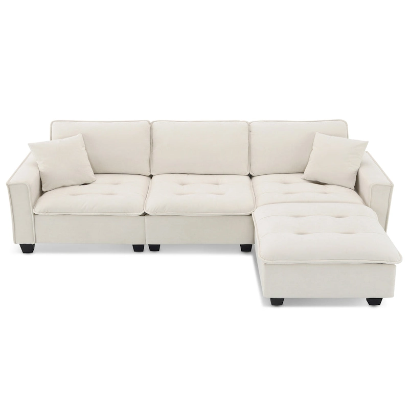 100 L-Shaped Convertible 4 Seater Sectional Sofa with Removable Ottoman and Matching Pillows, Suede Velvet Upholstery