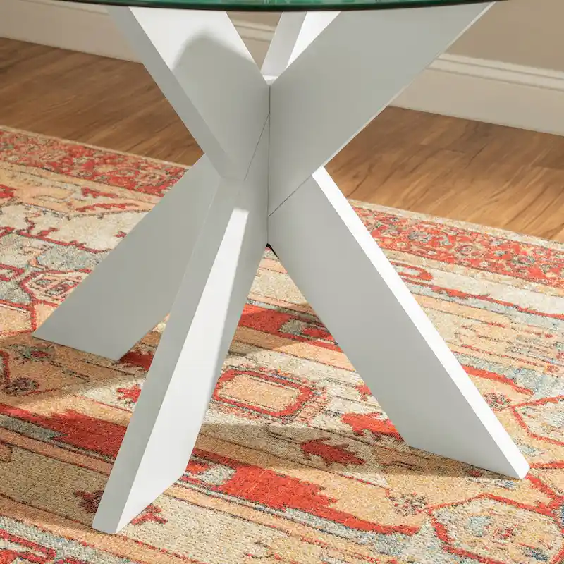 White Round Glass Dining Table for 4 with X-Base