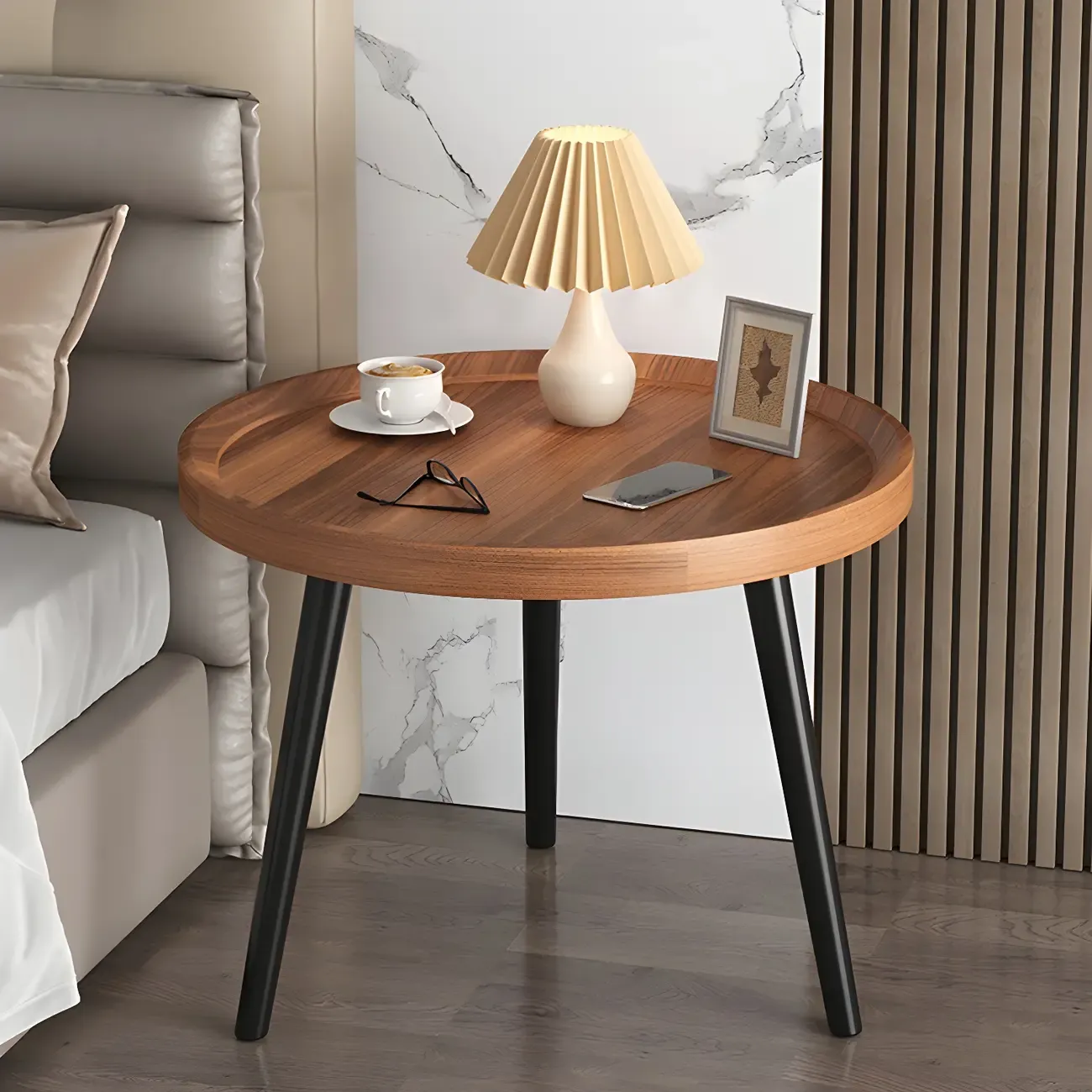 Natural Espresso Wood Small Round End Side Table with Tray Top & Shelf