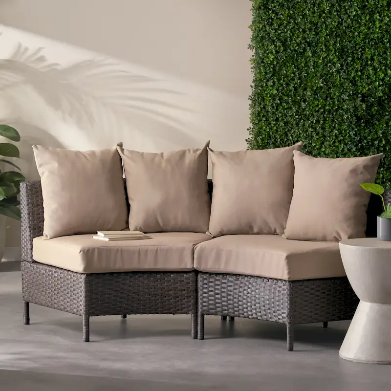 Newton Wicker Outdoor Curved Loveseat Sectional with Cushions by Christopher Knight Home
