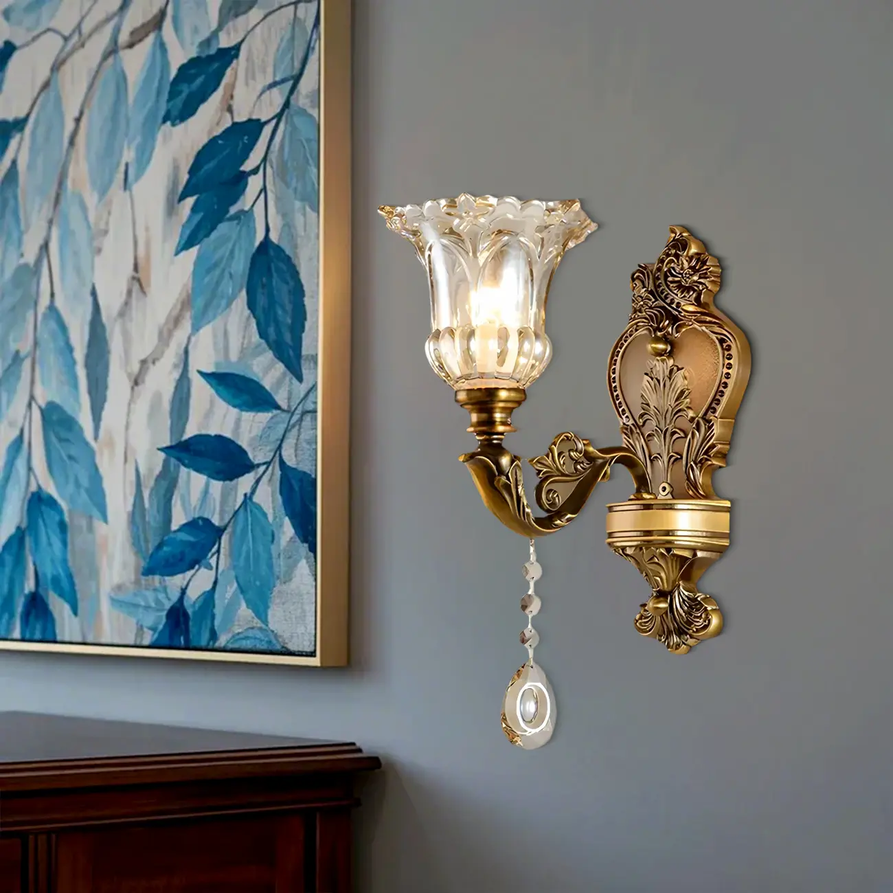 Vintage Brass Glass Flower Crystal Wall Sconce