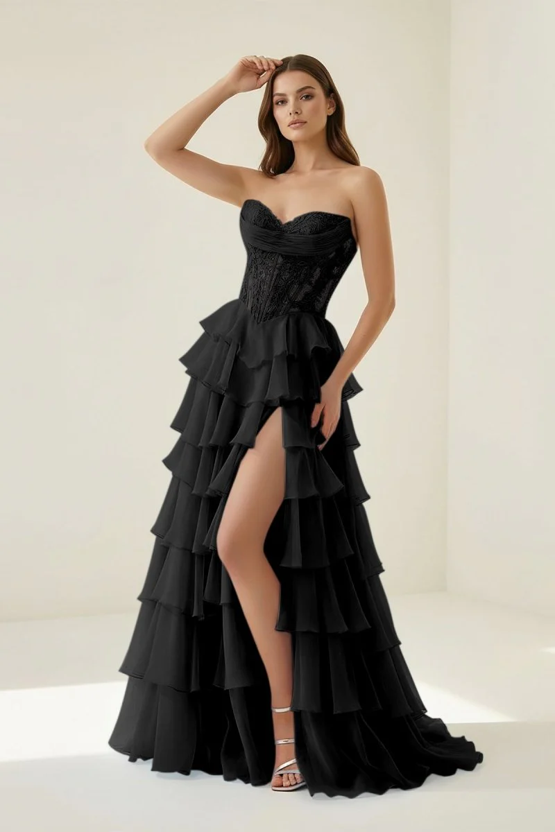 Black - Strapless A Line Chiffon Ruffled Prom Dresses With Appliques
