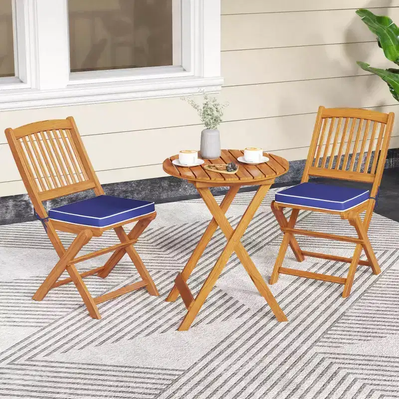 Costway 3 PCS Acacia Wood Patio Bistro Set Folding Table & Chairs Set with Cushions Beige/Navy