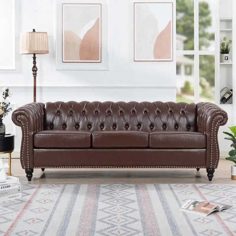 GEITIN 84.65 PU Rolled Arm Chesterfield 3 Seater Sofa