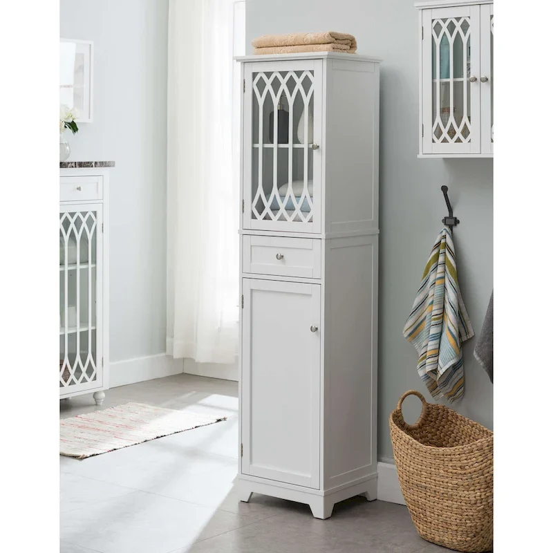 White Glossy Tall Storage Cabinet with 2 Doors & Drawer – 1-Person Use