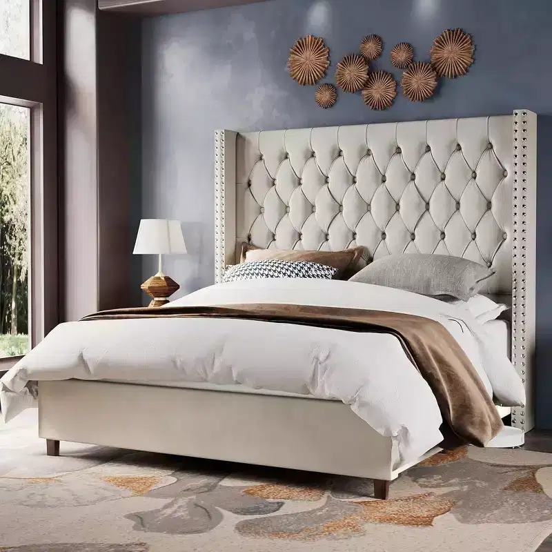 Beige / Black / Gray Velvet Wingback Platform Bed Frame – Queen / King / California King