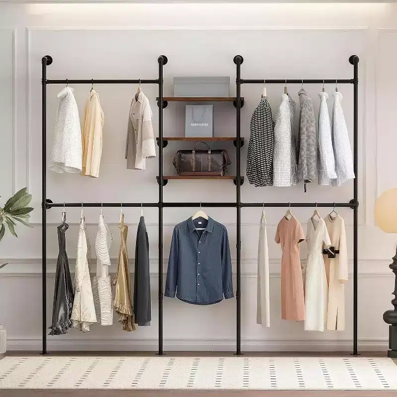 COZONY Industrial Pipe Clothes Rack w/ 3 Shelves & LED Light Bar,81 Garment Rack, Wall Mount / Free Standing, Walk-in Closet Organizer, Vintage Style