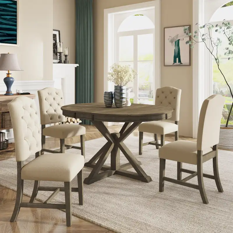 Functional Dining Table Set with Extendable Table and 4 Upholstered Chairs