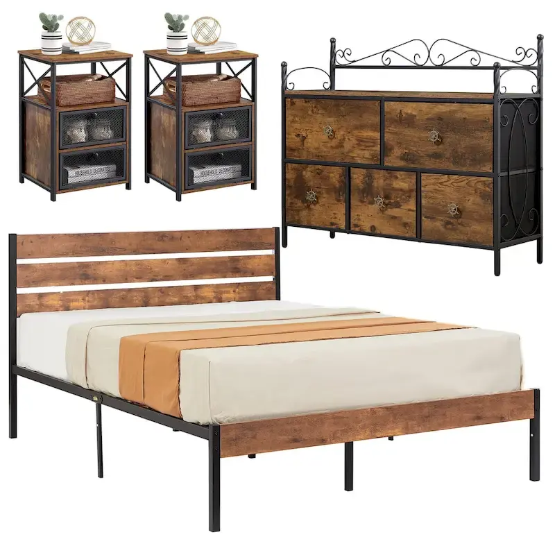 4-Pieces Bedroom Set with Drawer and Nightstands Set of 2, 5-Drawer Dresser, Brown/Grey Set
