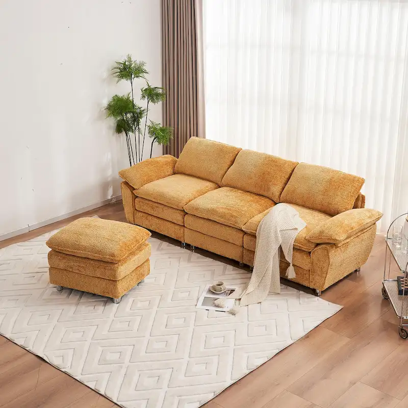 Yellow 101.6 Chenille L-Shaped Sectional Sofa with Ottoman