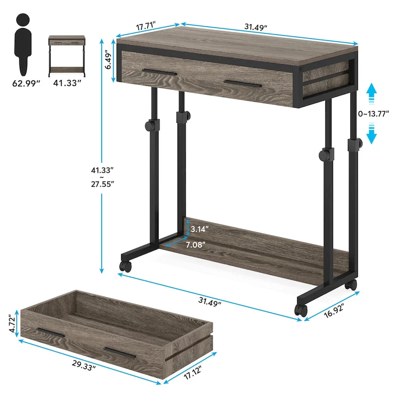 Height-Adjustable Side Table with Drawers and Wheels