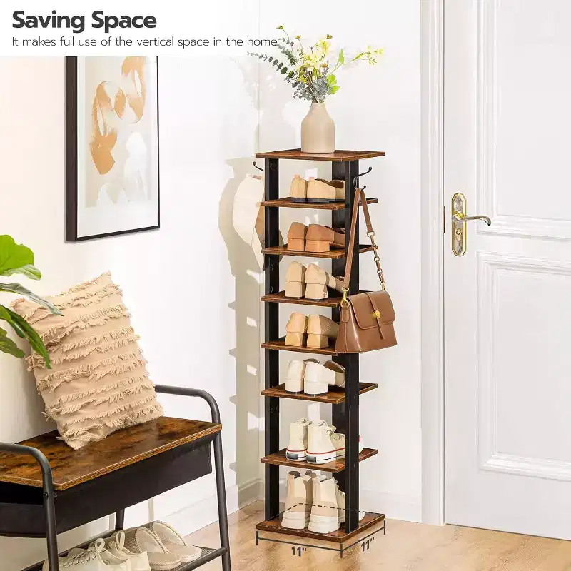 ACOINEL 8 Tiers Vertical Shoe Rack, Narrow Wooden Shoe Storage Organizer with Hooks, Space-Saving Shoe Tower Holds 8 Pairs