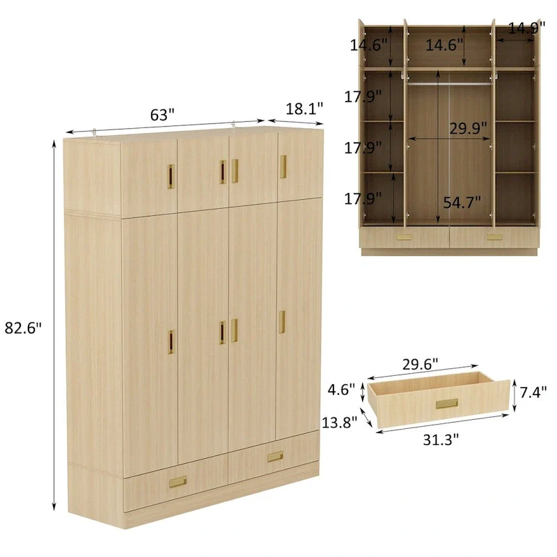 Wardrobe Closet Cabinet with Gold Handles and Optional Top Cabinet