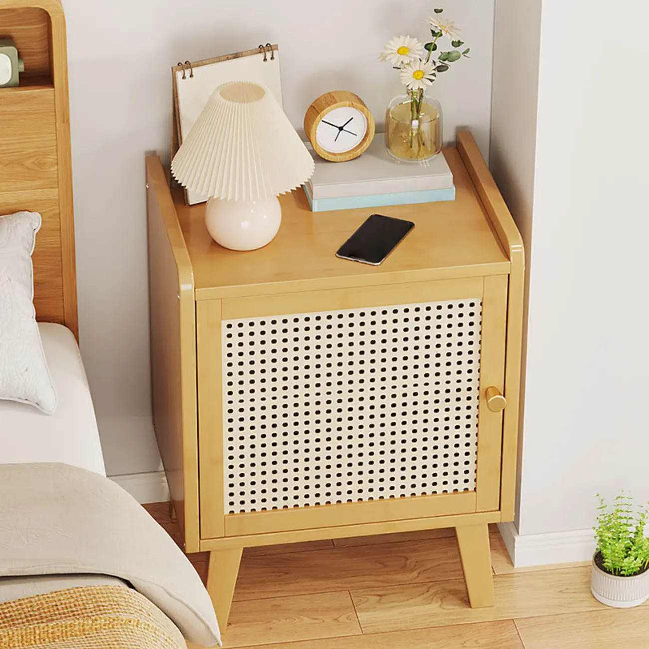 Scandinavian Bedside Table Natural Solid Wood Nightstand