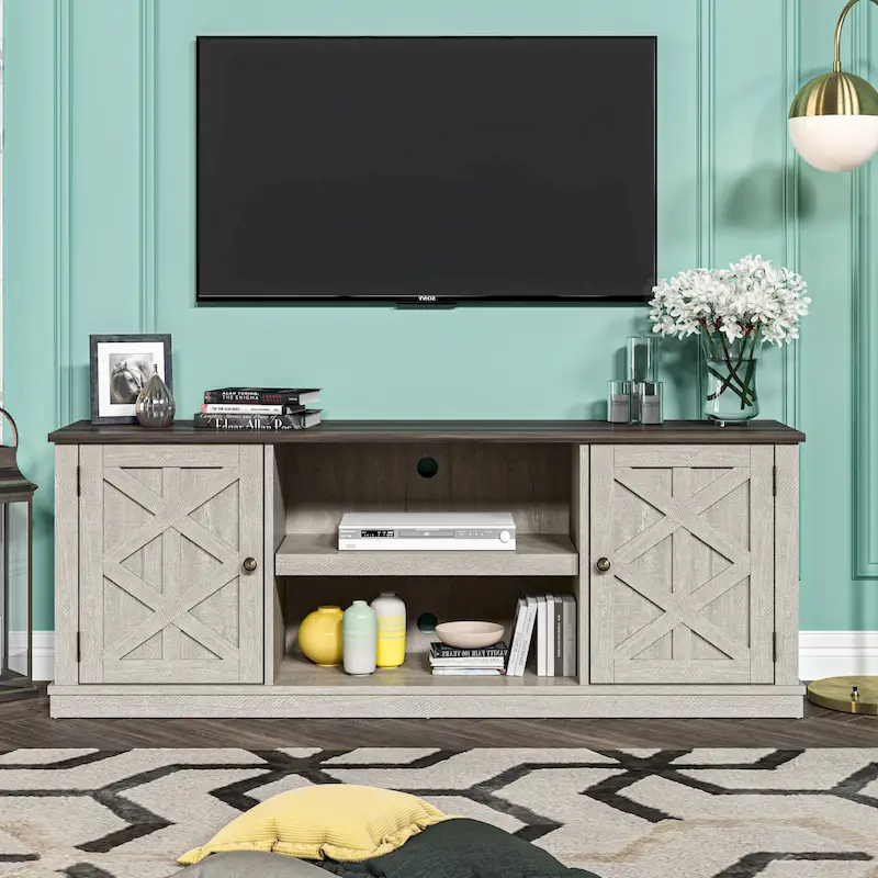 64 in. Farmhouse TV Stand with Swing Doors and Adjustable Shelves – White Wash / Blue