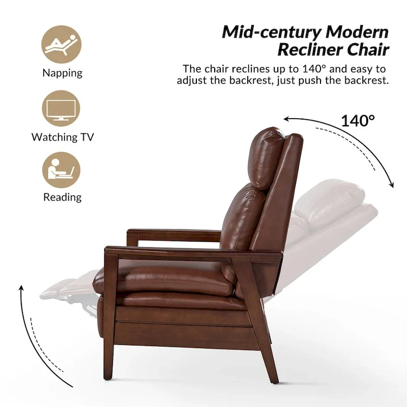 Mid-century Vegan Leather Solid Wood Recliner