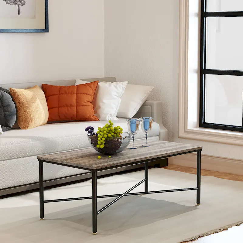 Wood Top Rectangle Coffee Table, Black Metal Frame