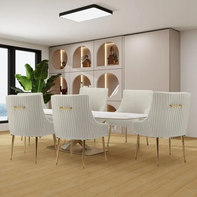 SEYNAR Modern Glam Boucle Pleated Velvet Dining Chair or Vanity Chair Set of 6 with Rear Handle