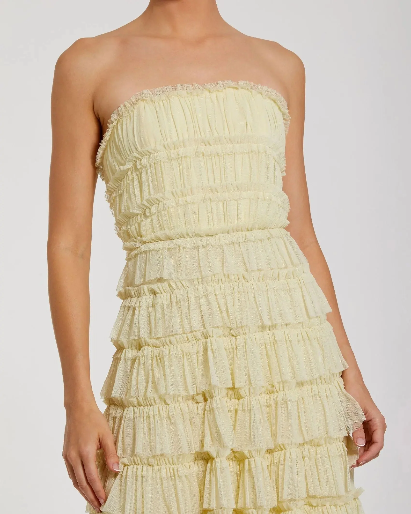Yellow Mesh Micro Ruffle Strapless Midi Dress