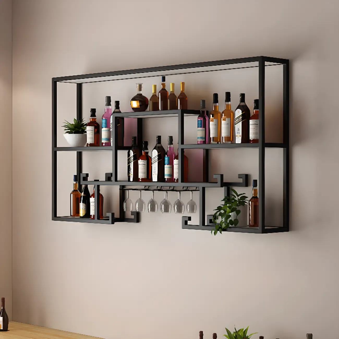 Multi-Shelf Metal Wall-Mounted Wine Bottle & Glass Rack