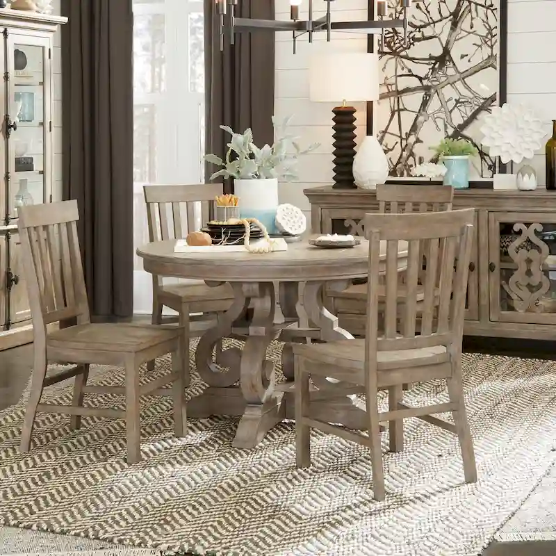 Dove Tail Grey Round Dining Table, Pedestal Base, Seats 4
