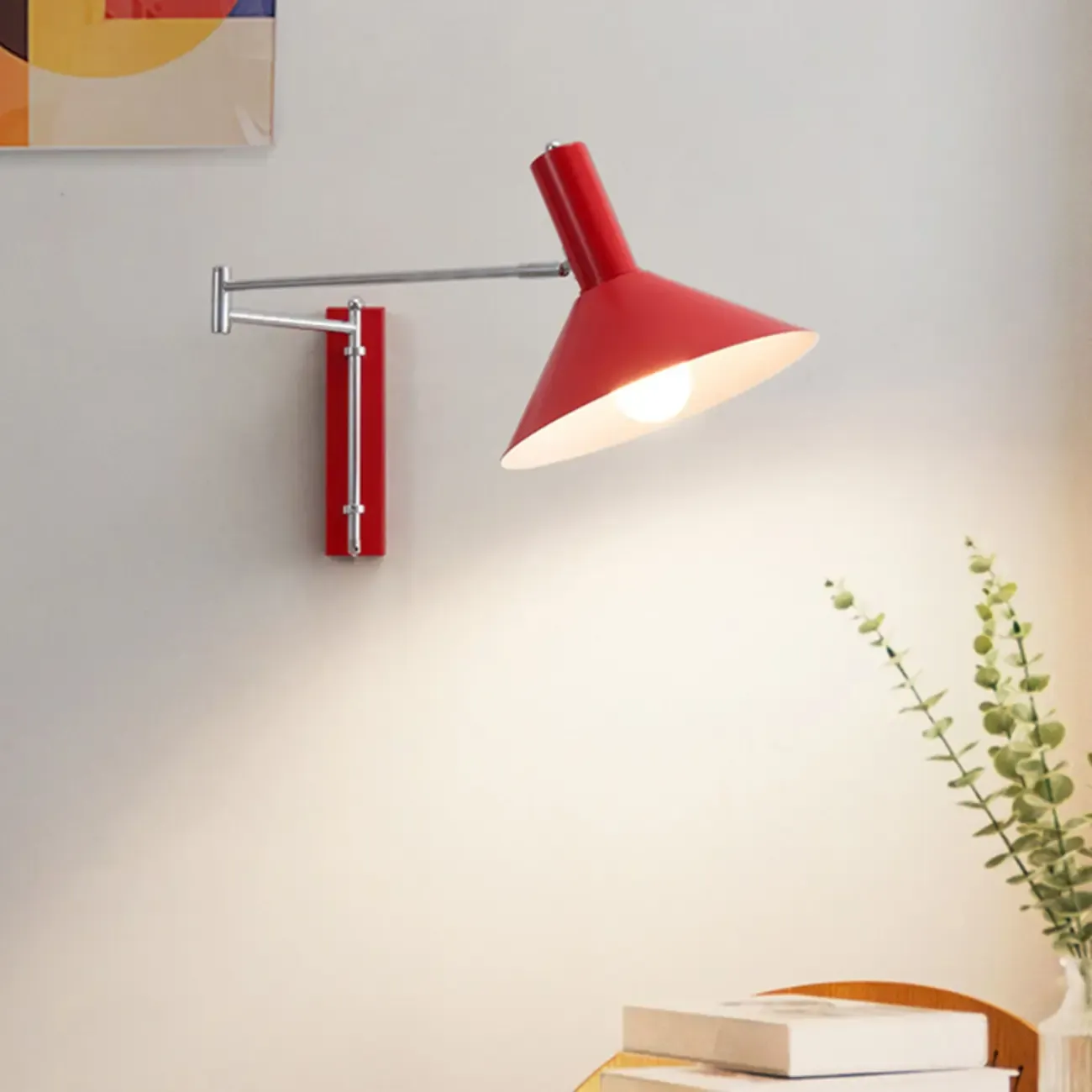 Medium Adjustable Red Swing Arm Wall Light for Reading Nook