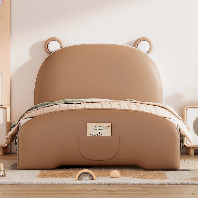 White / Brown, Bear-Shaped, Twin Upholstered Platform Bed for 1