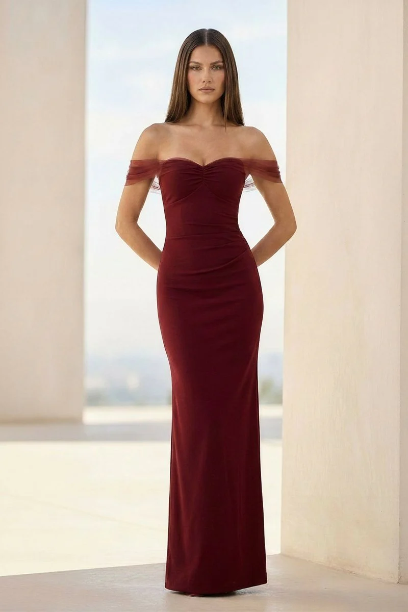 Burgundy - Off The Shoulder Mermaid Satin Long Formal Prom Dresses