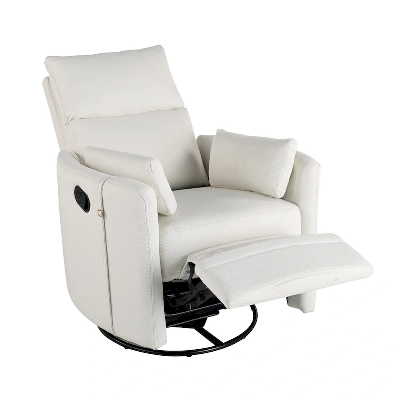 Beige Upholstered Swivel Rocker Recliner with Manual Recline, 360 Swivel, and Two Removable Cushions
