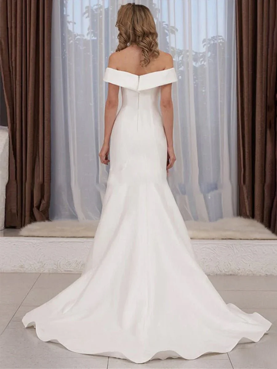 Chic Satin Off the Shoulder Sleeveless Sweep-Train Bridal Dress