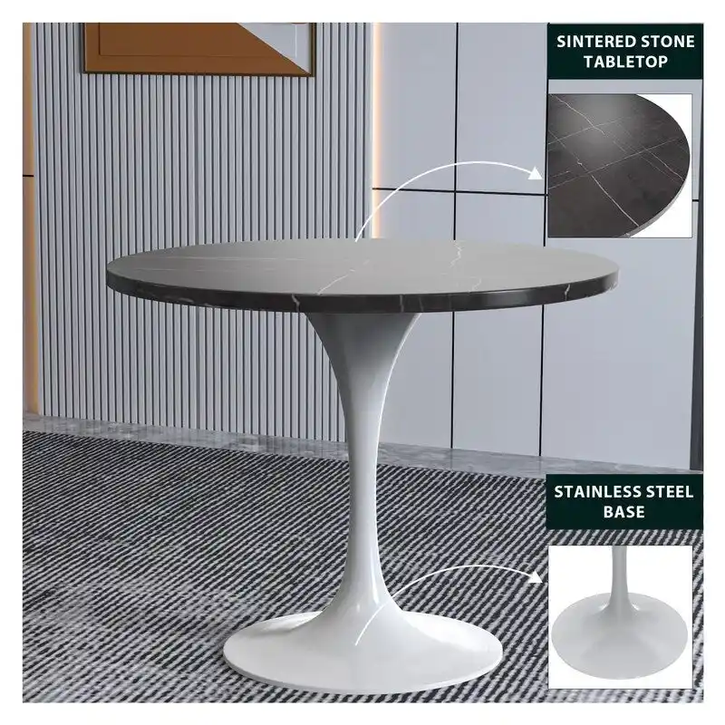 Verve Dining Table with a 36  Round Tabletop in White Steel Pedestal
